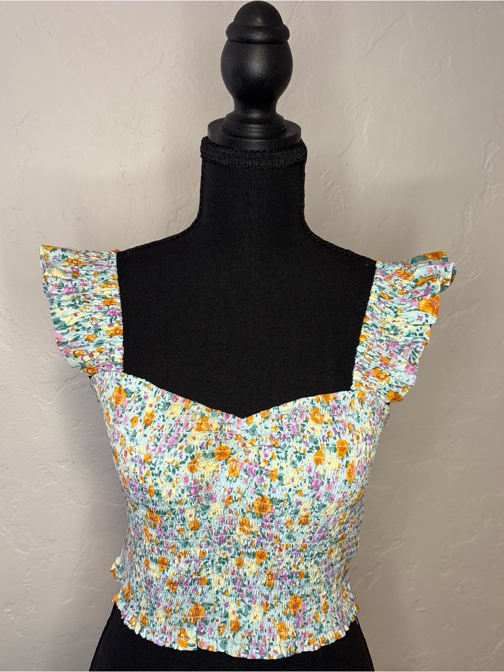 Lush Floral Smocked Ruffle Strap Crop Top - White/Yellow/Purple